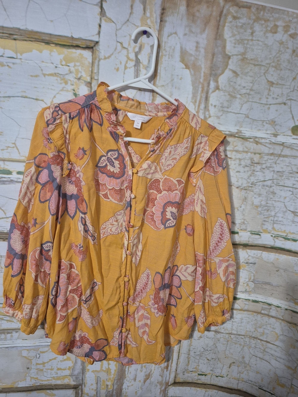 LC Lauren Conrad Mustard Floral Button-Front Blouse